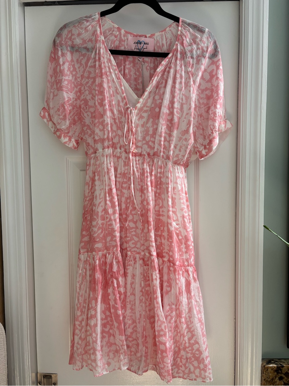 Johnny Was Pink & White Tie-Front Tiered Midi Dress